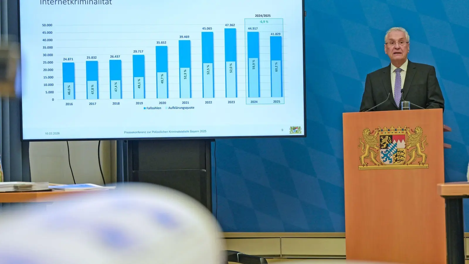 Joachim Herrmann präsentierte die Statistik in München. (Foto: Malin Wunderlich/dpa)