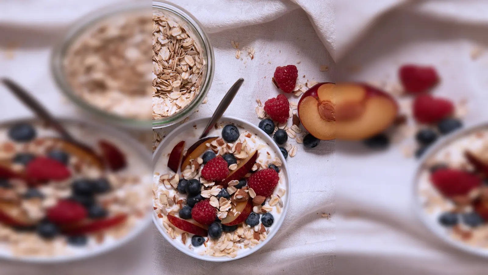 Ein gesundes Frühstücksmüsli lässt sich einfach aus Naturjoghurt, Haferflocken, Sonnenblumenkernen und Mandeln herstellen. Dazu: eine Hand voll Obst der Saison. (Foto: Anna Hirte/dpa-tmn)
