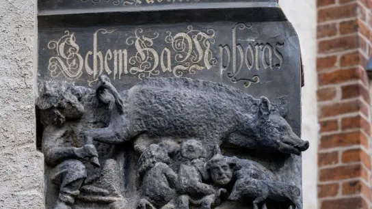 Eine als „Judensau“ bezeichnete Schmähplastik ist an der Stadtkirche Wittenberg zu sehen. (Foto: Hendrik Schmidt/dpa)