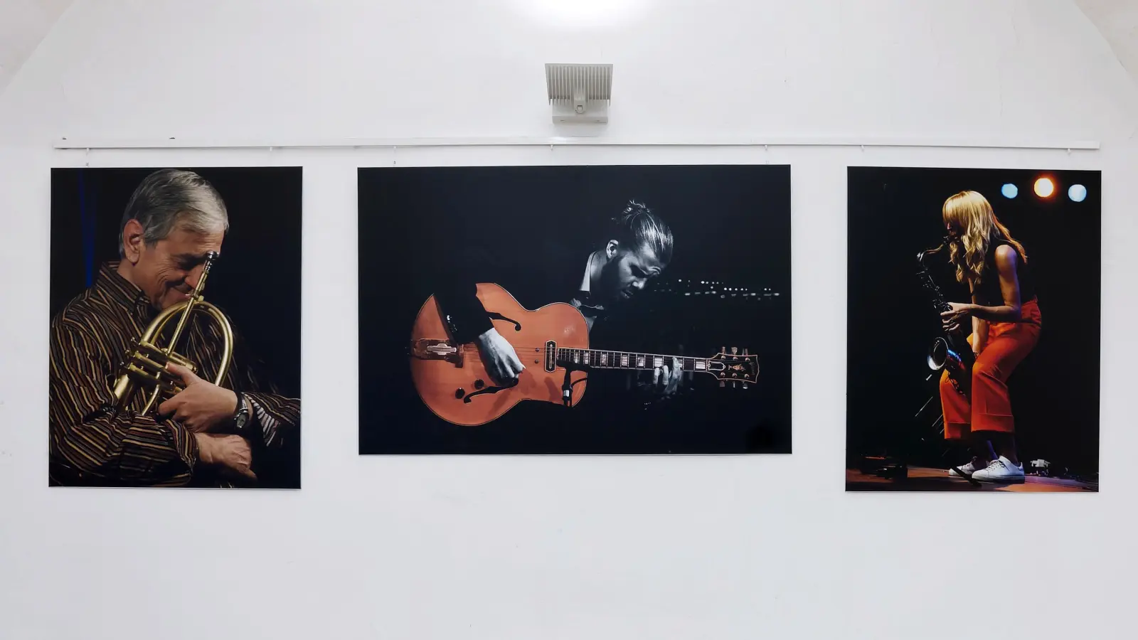 Ein Blick in die Ausstellung „Jazzarise – facettenreich”, Portraits von Dusko Goykovich, fotografiert von Andreas Wurm,. Philipp Schiepek und Stephanie Lottermoser , beide fotografiert von Andreas Daschner (von links),  (Foto: Martin Stumpf)