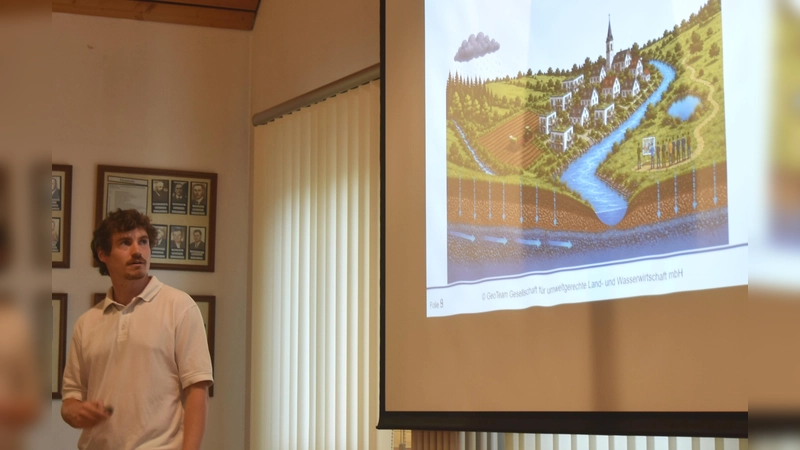 Jonas Preinl vom ÖkoTeam stellte die Extremwettersituation durch Hitze und Starkregenereignisse dar. Diese führen zu Hochwasser und großen Schäden, weil das Wasser nicht mehr im Boden versickert.  (Foto: Anita Dlugoß)