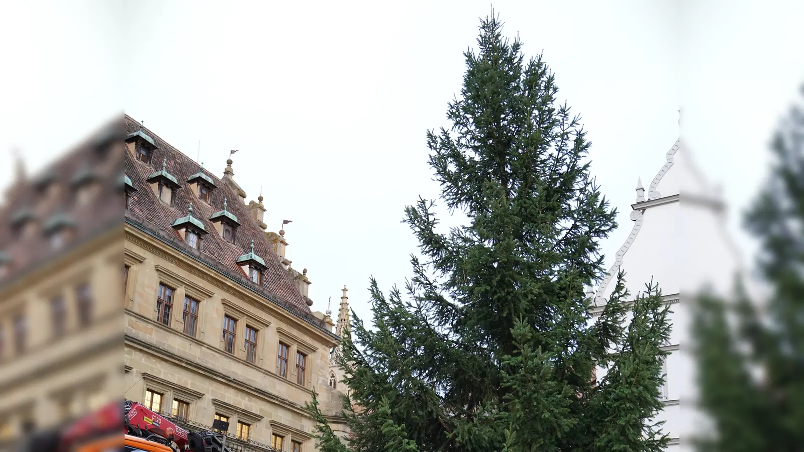 Am Mittwoch um 8 Uhr stand der Baum bereits stabil und gerade am Marktplatz. Uwe Meißner ist zufrieden mit seiner Wahl. In den nächsten Tagen kommen die Lichter auf die Fichte. (Foto: Simone Hedler)