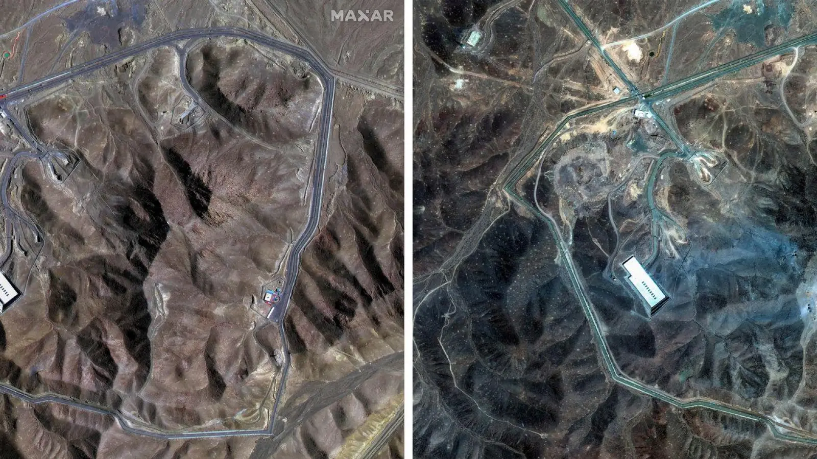 Vorher/Nachher: Der Einschlag von US-Bomben in der iranischen Atomanlage Fordo ist aus dem Weltall sichtbar. (Foto: Uncredited/Maxar Technologies via AP/dpa)