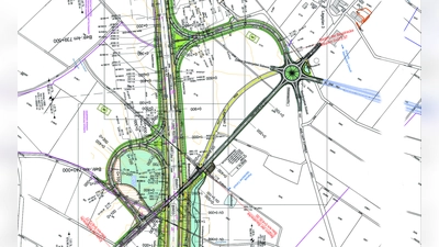 Direkt nördlich des Autobahnkreuzes (unten im Bild) soll der Industriepark an die Autobahn angebunden werden. Die Planungen kommen gut voran. (Planskizze: Zweckverband Industrie-/Gewerbepark Interfranken)