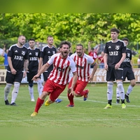 Der SV Arberg besiegte in Spalt den FC Schwand mit 3:1 und schaffte damit nach einem Jahr die Rückkehr in die Bezirksliga. Hiber bejubelt Albert Glas (links vorne) sein Tor zum 1:1, rechts Teamkollege Christoph Nagler. (Foto: Martin Rügner)