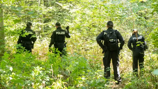 Polizisten durchsuchen im August 2022 ein Waldstück nach Spuren und Gegenständen. (Foto: Peter Kneffel/dpa)