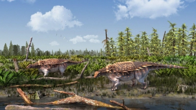 Eine Illustration der Vectipelta barretti. Laut Forschenden könnten sich die Dinos in der frühen Kreidezeit vor rund 140 Millionen Jahren frei von Asien nach Europa bewegt haben. (Foto: Stuart Pond/dpa)