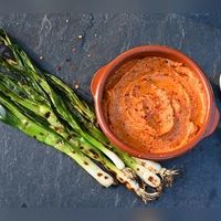 Die gegrillten Frühlingszwiebeln müssen nur noch in den katalanischen Paprika-Dip eingetunkt werden und in den Mund wandern - dann kann das Gaumenfeuerwerk starten. (Foto: Julia Uehren/dpa-tmn)