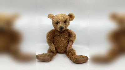 Der seltene Steiff-Teddybär aus dem Jahr 1905, der in Bishton Hall unter den Hammer kam. (Foto: Hansons Auctioneers/PA Media/dpa)