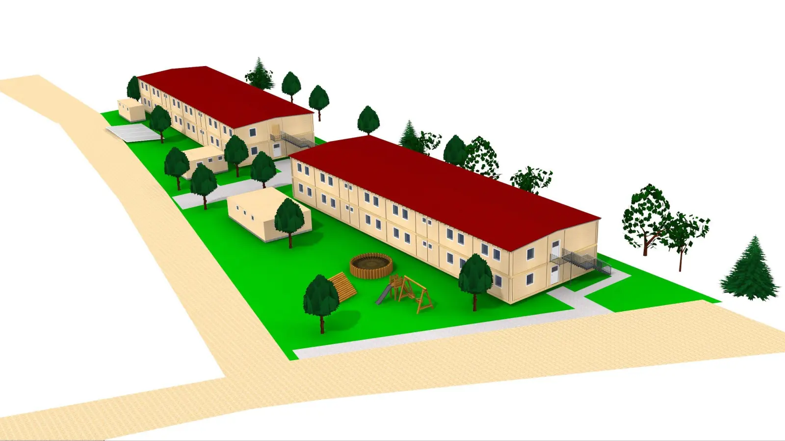 In modularer Holzbauweise soll an der Alten Neustädtleiner Straße in Dinkelsbühl eine Unterkunft für rund 100 Geflüchtete entstehen. Die Stadt hat dem Landratsamt Ansbach das Angebot gemacht, hier tätig zu werden. Foto: (Grafik: JWS GmbH)