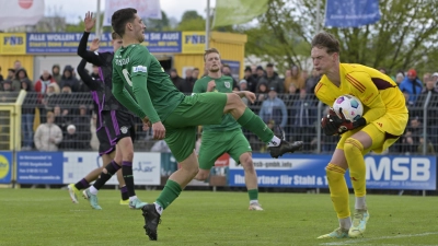 Zu spät kommt hier der Ansbacher Michael Sperr (links) gegen den Münchner Torwart: Tom Ritzy Hülsmann. (Foto: Martin Rügner)