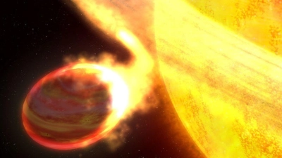 Die Illustration zeigt den Exoplaneten WASP-12b. Er ist der heißeste bekannte Planet in der Milchstraßengalaxie und möglicherweise der am kürzesten lebende. (Foto: G. Bacon/Nasa, Esa (stsci)/dpa)