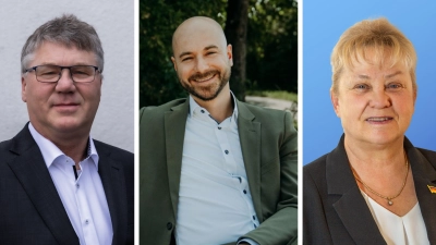 Werner Jung (Freie Wähler), Patrick Peters (CSU) und Dolores Becker (AfD) wollen den Bürgermeister-Posten in Herrieden. (Foto: Elena Jung, Stefanie Büttner, Eberhard Becker)