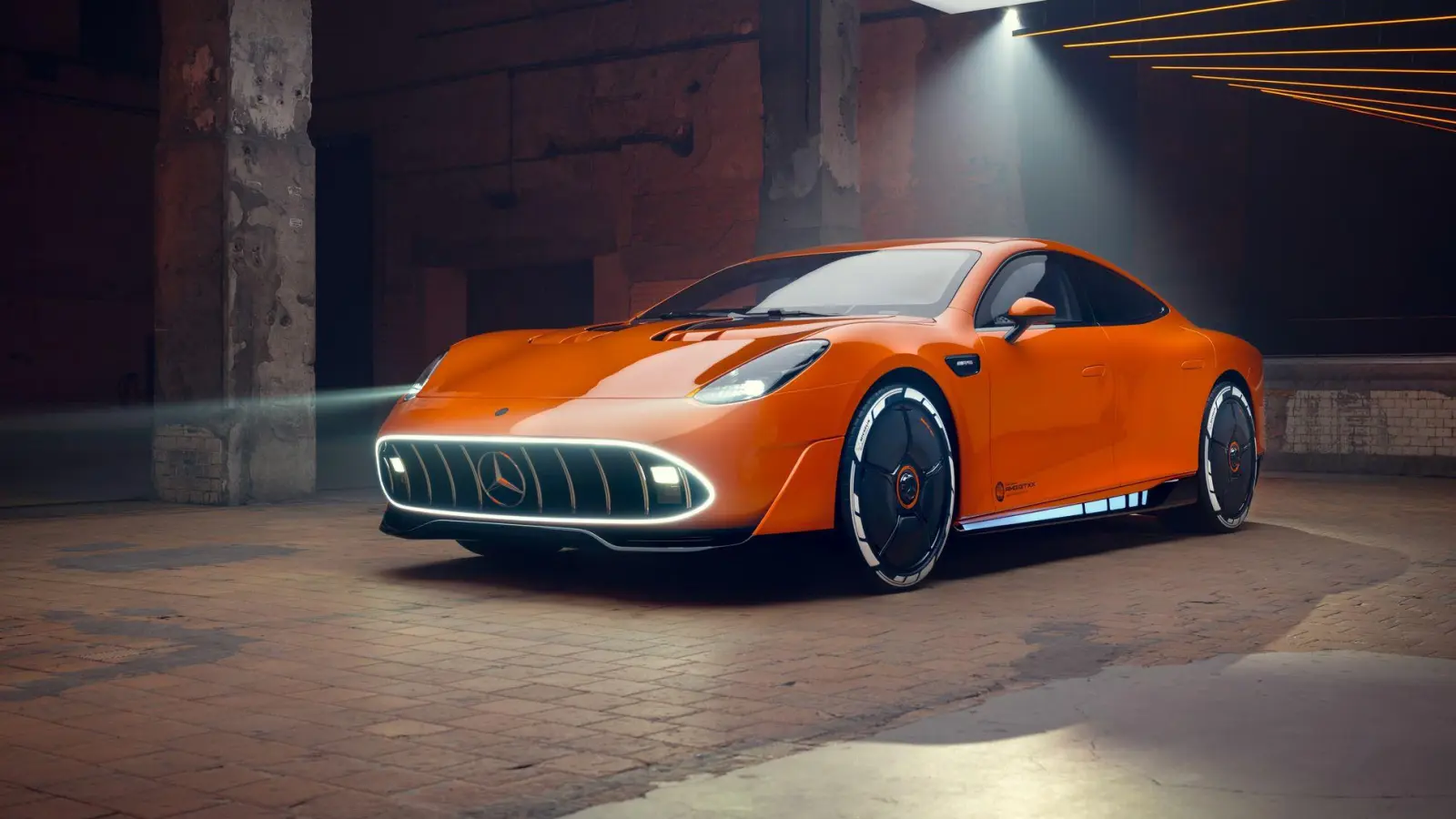 Greller Auftritt in Orange: Mercedes-Ableger AMG präsentiert die über 360 km/h schnelle Elektrostudie GT XX. (Foto: Mercedes-Benz Group AG/dpa-tmn)