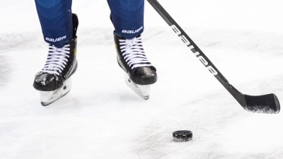 Ein Eishockeyspieler spielt den Puck. (Foto: Matthias Balk/dpa/Symbolbild)