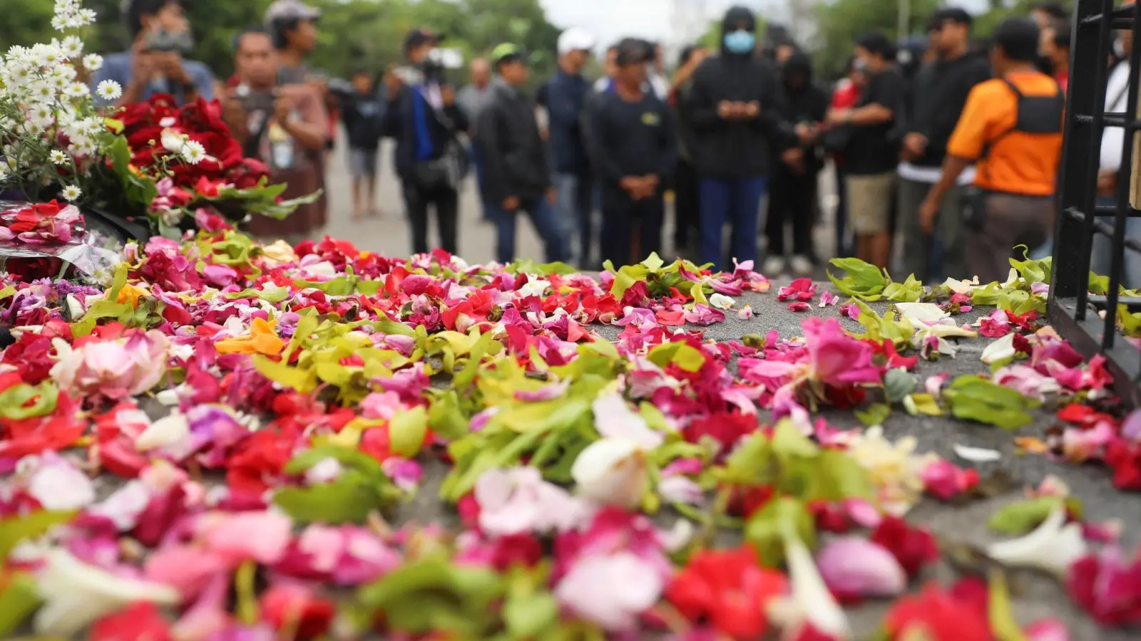 Vor dem Kanjuruhan-Stadion wurden in Gedenken an die Opfer Blumen gestreut. (Foto: Trisnadi/AP/dpa)