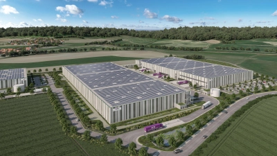 Noch stehen im neuen Gewerbegebiet Dombühl-Süd keine Hallen. Wie die beiden Komplexe aussehen werden, für die es jetzt einen Mieter gibt, zeigt die Visualisierung. (Grafik: Bauwo Grundstücksgesellschaft mbH)