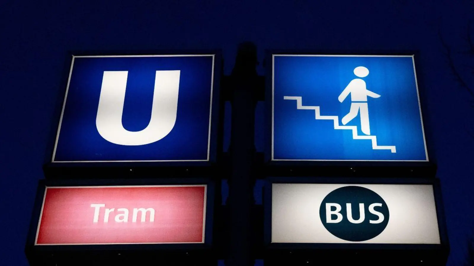 Ein Schild mit den Piktogramm der U-Bahn, der Tram und der Bus-Linien steht an einer Haltestelle. (Foto: Sven Hoppe/dpa/Archivbild)