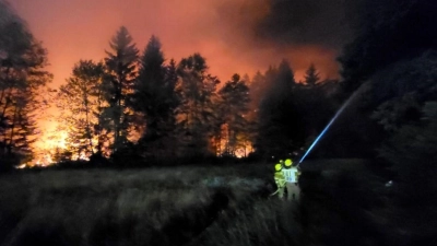 Wegen eines Waldbrandes am Chiemsee wurde die A8 gesperrt. (Foto: Wolfgang Gasser/Kreisfeuerwehrverband Traunstein/dpa)