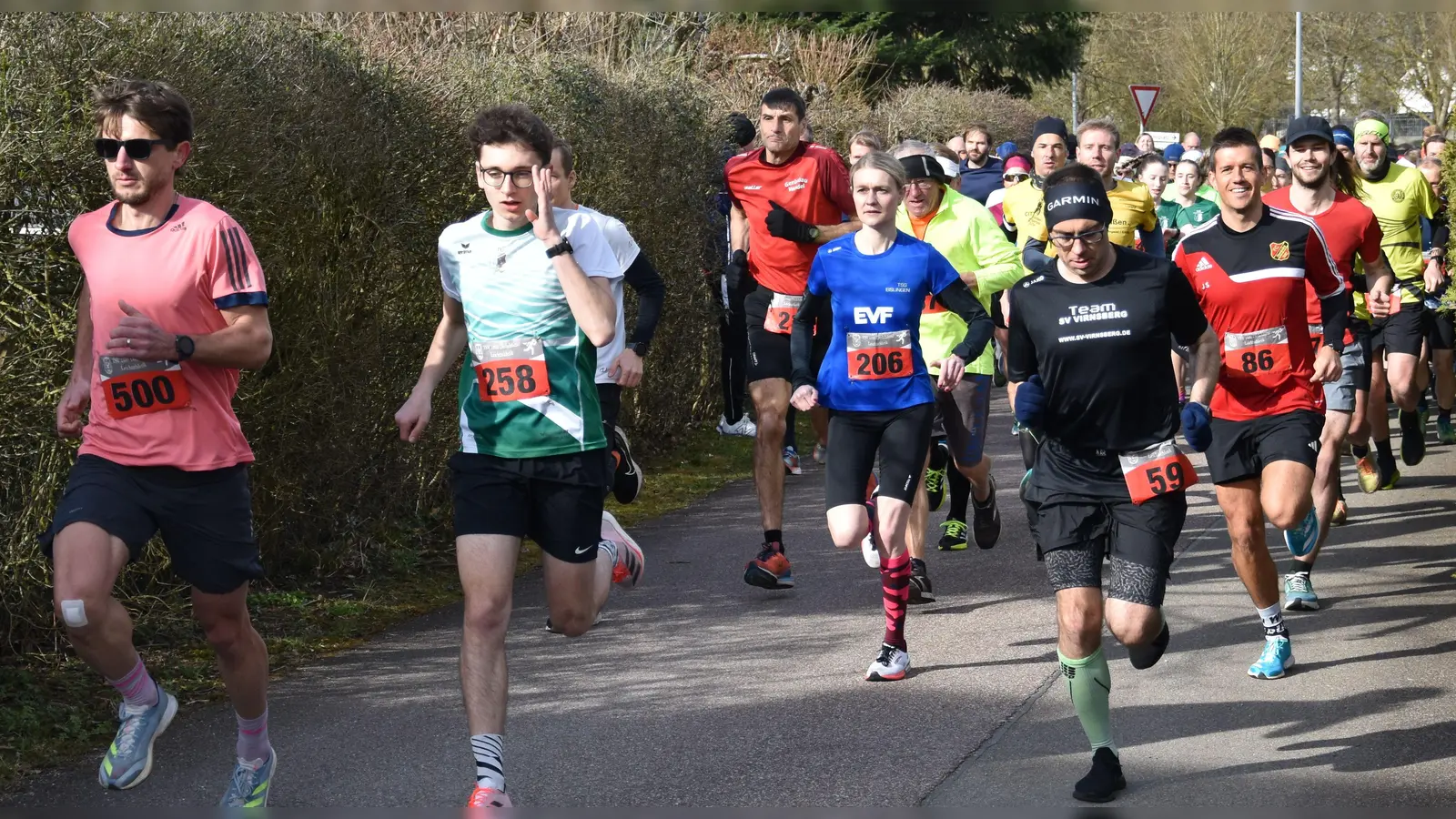 Schnelle Männer, verfolgt von einer Frau: Steffen Thorwart (Startnumer 500), Moritz Meyer (258), Hannah Hansen (206), Sebastian Ernst (59) und Johannes Seefarth (86). (Foto: Tobias Heller)