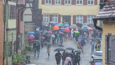Am Kinderzech-Dienstag schüttet es aus Kübeln. Wegen des abgesagten Umzugs warten die Dinkelsbühler Schülerinnen und Schüler vor dem Zeughaus. (Foto: Martina Haas)