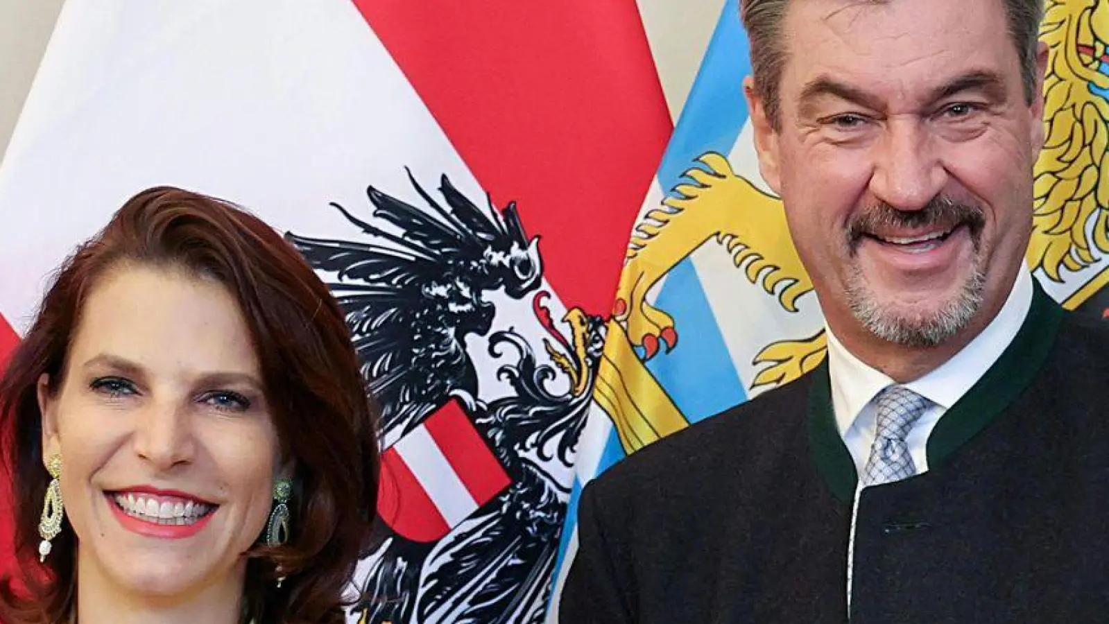 Auch beim Treffen von der Landeshauptfrau von Salzburg, Karoline Edtstadler, mit Bayerns Ministerpräsident Markus Söder (CSU) war die Zolleinigung der EU mit den USA eines der beherrschenden Themen.  (Foto: Franz Neumayr/Land Salzburg/apa/dpa)