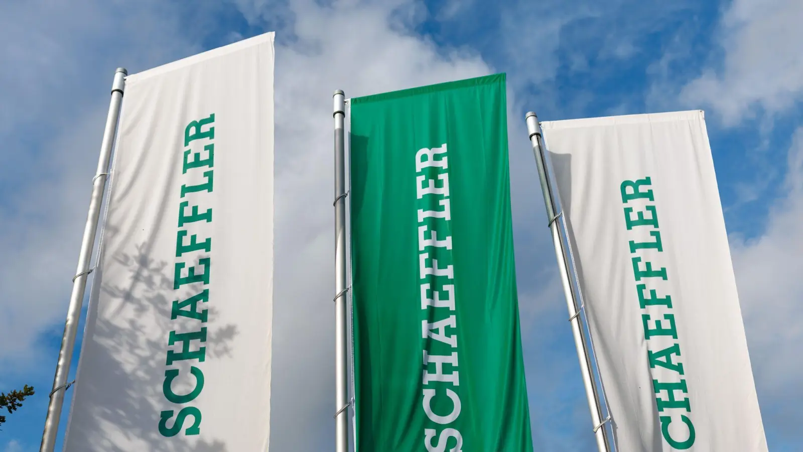 Flaggen mit dem Schaeffler AG-Logo wehen vor der Zentrale des Unternehmens in Herzogenaurach. (Foto: Daniel Karmann/dpa)