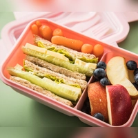 Eine Brotdose mit Vollkorn-Toast als Sattmacher, belegt mit knackigen Gurkenstreifen, Salat sowie Käse als Eiweißportion und dazu reichlich Obst in Form von Blaubeeren und Apfelschnitzen. (Foto: Christin Klose/dpa-tmn)