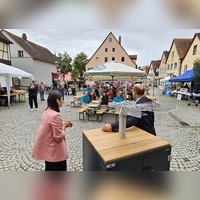 Da war's noch trocken: Kaum hatten Museumschefin Dr. Laura Gebauer und Bürgermeister Markus Liebich (vorn) den Gedenkmünzen-Apparat enthüllt, setzte Regen ein und machte das Museumsfest Am Plan ungemütlich. (Foto: Wolfgang Grebenhof)