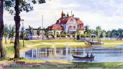 Der Ansbacher Maler Theodor Alt hat diese Ansicht des eleganten Café Waldsee am Beckenweiher gemalt. Auf dem Weiher konnte man einst mit dem Paddelboot fahren. (Repro: Alexander Biernoth)