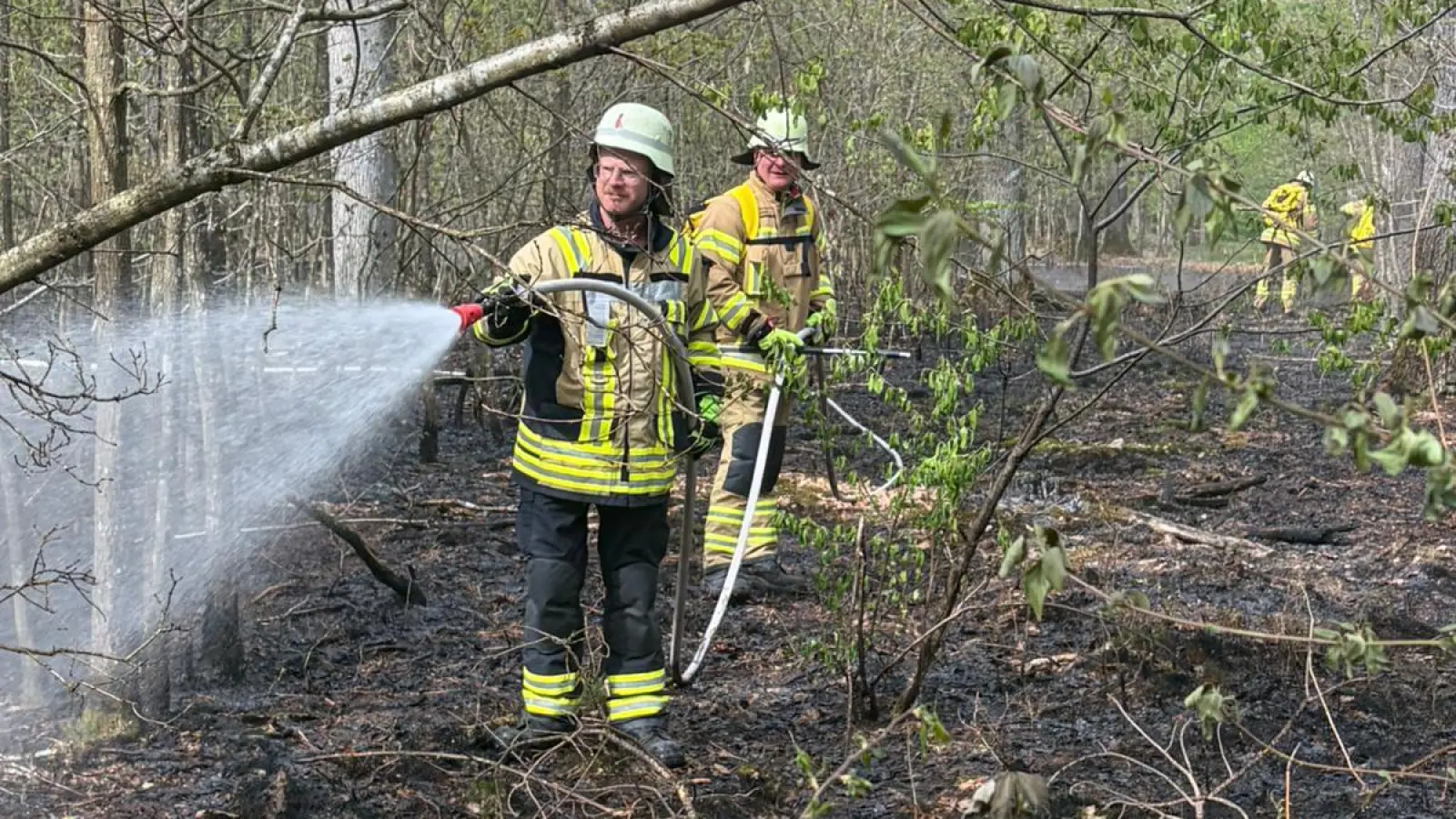 Die Ansbacher Wehr rückte mit einem Großangebot an und hatte die Flammen in dem Waldgebiet rasch unter Kontrolle.  (Foto: Feuerwehr Ansbach)