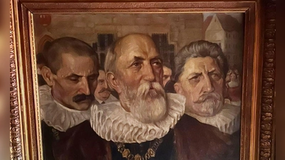 Auch dieser – laut Ehrenvorsitzendem Hans-Peter Mattausch – „ganz große Schatz“ ist Teil der überarbeiteten Dauerausstellung. Das Gemälde des Kunstmalers Ulrich von 1912 zeigt eine Szene der Stadtübergabe.  (Foto: Kinderzeche/Maximilian Mattausch)