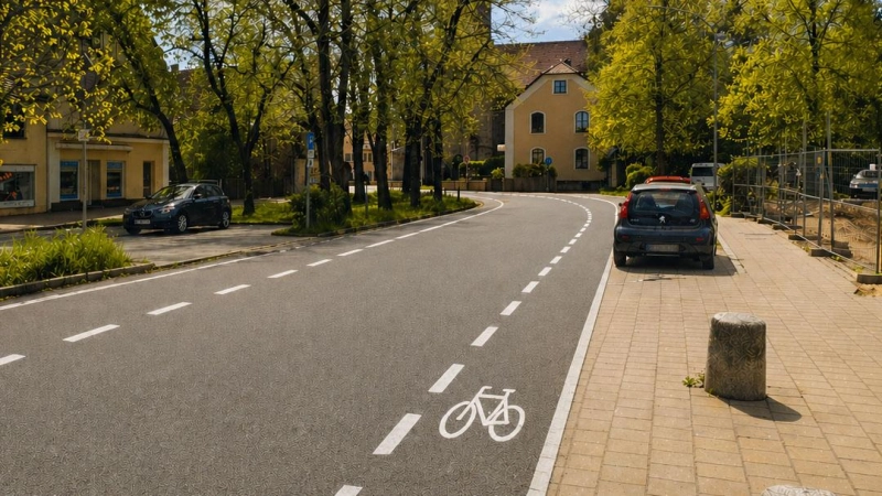 So könnte das Ergebnis aussehen: Auf diesem Bild wurden mittels Fotomontage die Radschutzstreifen in der Neuendettelsauer Bahnhofstraße visualisiert. (Foto: Julia Stahl)