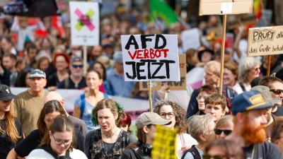In Düsseldorf gingen rund 20.000 Menschen auf die Straße und forderten ein AfD-Verbot. (Foto: Thomas Banneyer/dpa)