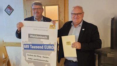 ALE-Chef Wolfgang Neukirchner (links) übergab Weidenbachs Bürgermeister Willi Albrecht den ELER-Förderbescheid. (Foto: Wolfgang Grebenhof)