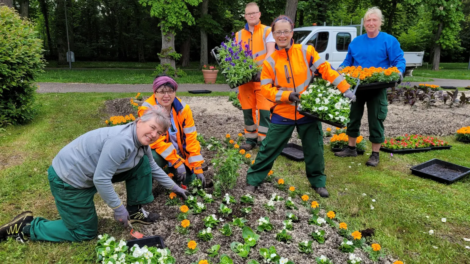Ein Team der Stadtgärtnerei bepflanzt seit gestern die Blumenbeete im Kurpark in Bad Windsheim. Gestartet wurde mit den Arealen rund um den Springbrunnen. (Foto: Nina Daebel)