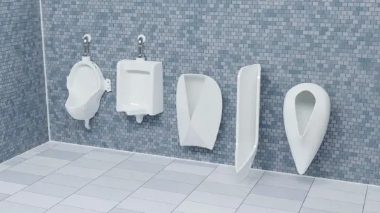 Bei Urinalen mit traditionellem Design (1. und 2.v.l) geht meist viel daneben. Die von Forschern entworfenen Urinale (1.,2. und 3.v.r.) sollen das weitgehend verhindern. (Foto: University of Waterloo/dpa)