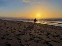 Eine Frau geht im Licht der tief stehenden Sonne am Strand bei Rantum auf Sylt spazieren. (Foto: Christian Charisius/dpa)