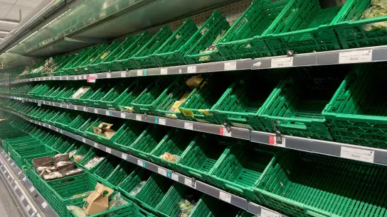 Leere Regale in der Gemüseabteilung eines Co-op-Supermarkts in London. Britische Bauern warnen angesichts enorm gestiegener Preise vor Versorgungsproblemen. (Foto: Kirsty O'connor/PA Wire/dpa)
