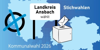 Im Landkreis Ansbach stehen am 22. März 2026 fünf Stichwahlen ums Bürgermeister- bzw. Oberbürgermeisteramt an. (Grafik: Susanne Pöhlmann)