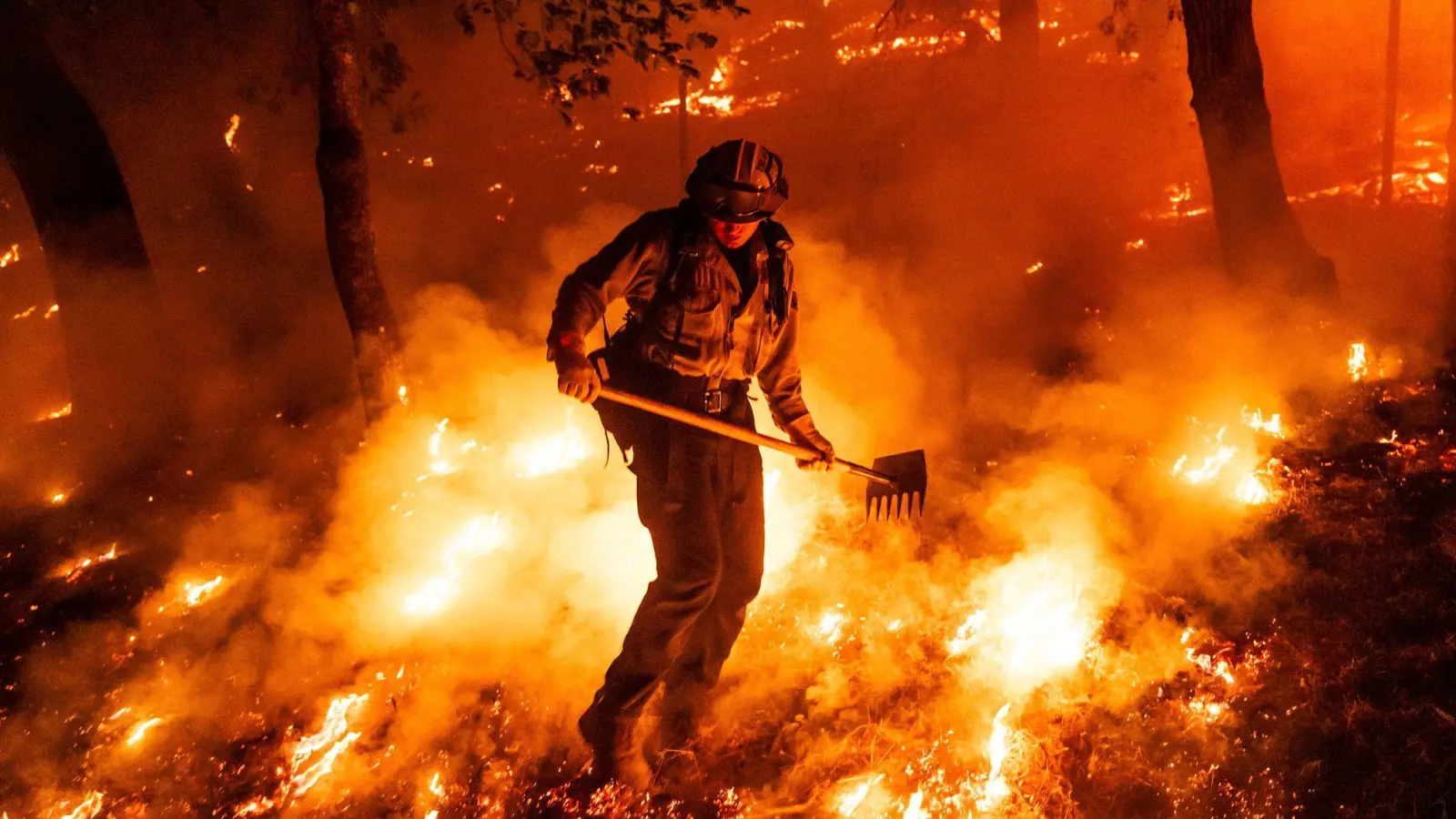 Flammen des Pickett-Feuers umzingeln einen Feuerwehrmann in Kalifornien. (Foto: Noah Berger/AP/dpa)